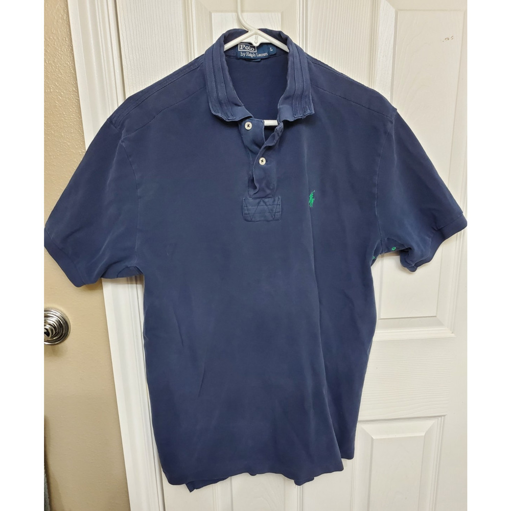 Polo Ralph Lauren Mens Large Blue Short Sleeve Polo Shirt Green Logo Cotton